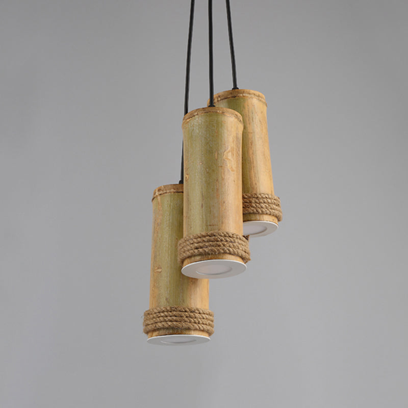 Restaurant Ceiling Fixture: Bamboo Cylinder 3-Light Cluster Pendant Light in Light Brown