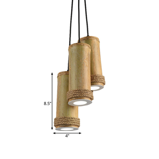 Restaurant Ceiling Fixture: Bamboo Cylinder 3-Light Cluster Pendant Light in Light Brown