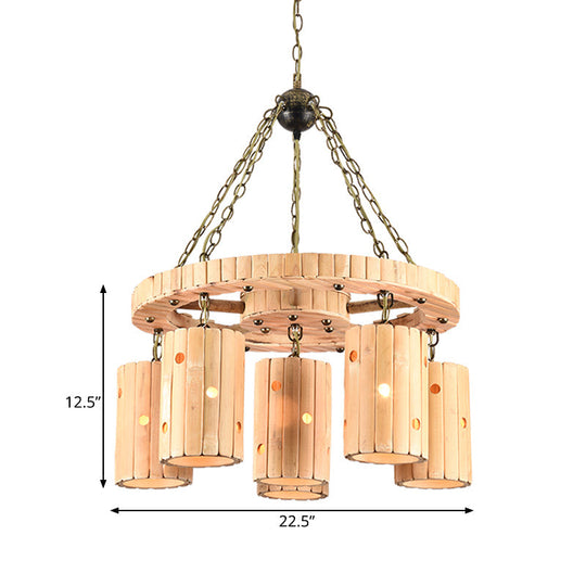 Brielle - Beige Beige Etched Cylinder Hanging Chandelier Farmhouse Bamboo 6 Lights Restaurant Suspension Light with Wheel Design