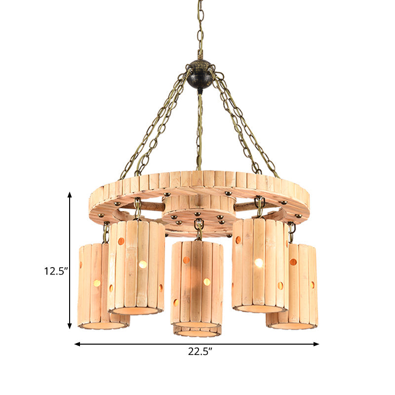 Brielle - Beige Etched Cylinder Hanging Chandelier Farmhouse Bamboo 6 Lights Restaurant Suspension