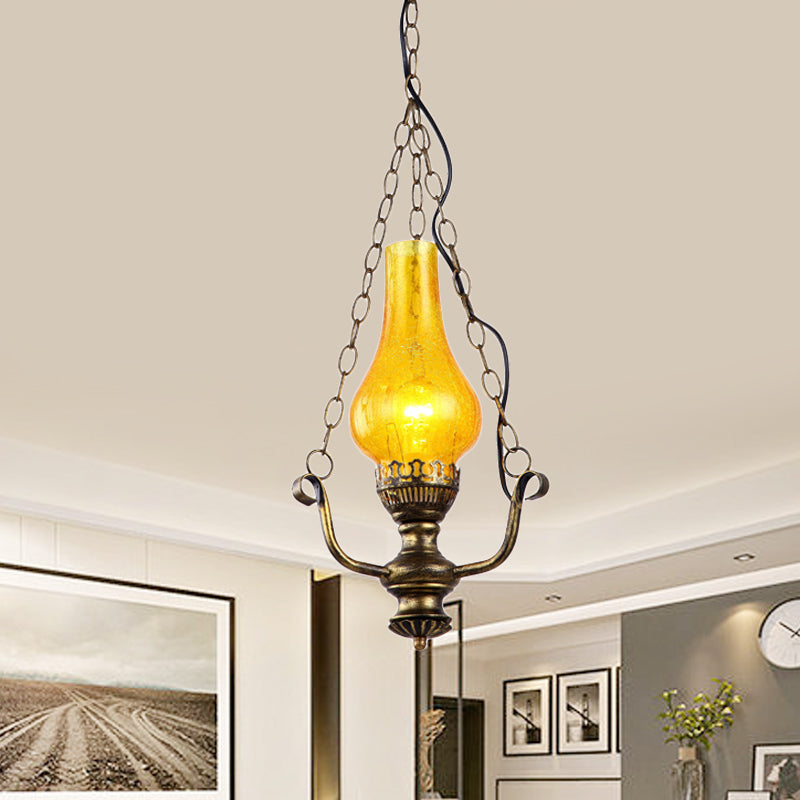 Coastal Brass Finish Pendant Lamp With Yellow Crackle Glass Shade - 1 Light