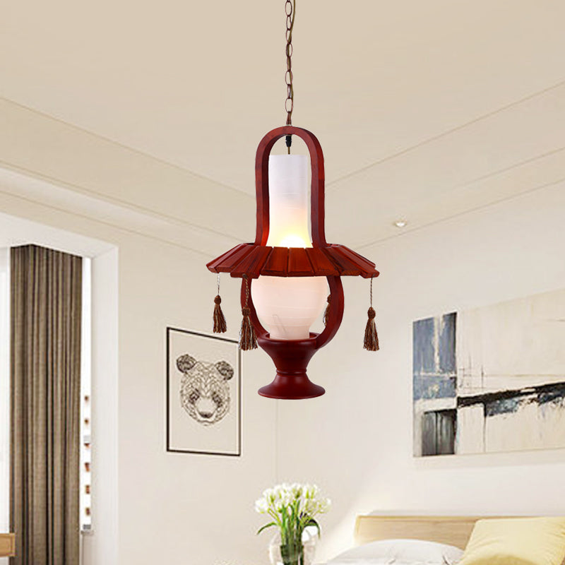 Retro Style Kerosene Opal Glass Hanging Light Fixture - 1-Bulb Dining Room Ceiling Lamp In Red Brown