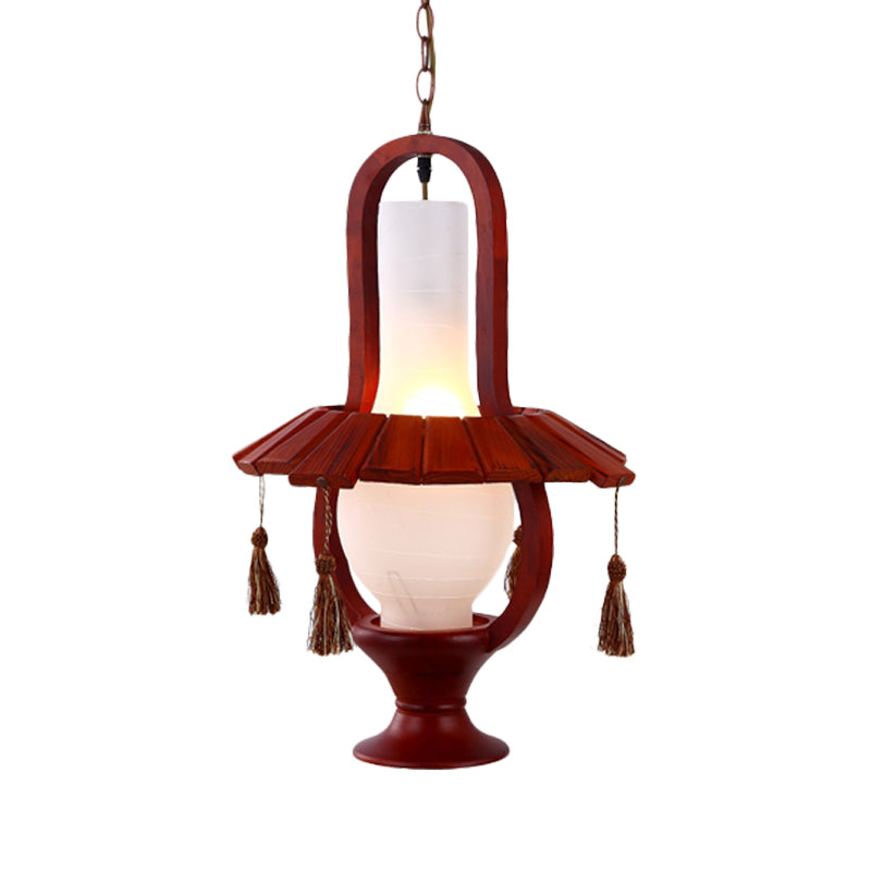 Retro Style Kerosene Opal Glass Hanging Light Fixture - 1-Bulb Dining Room Ceiling Lamp in Red Brown