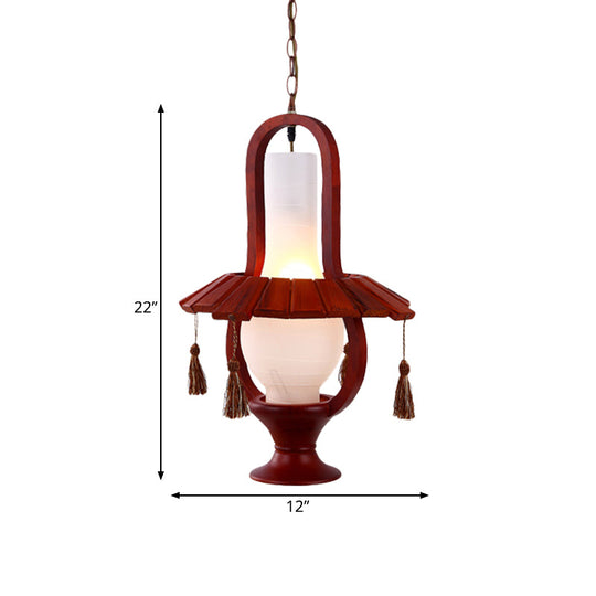 Retro Style Kerosene Opal Glass Hanging Light Fixture - 1-Bulb Dining Room Ceiling Lamp in Red Brown