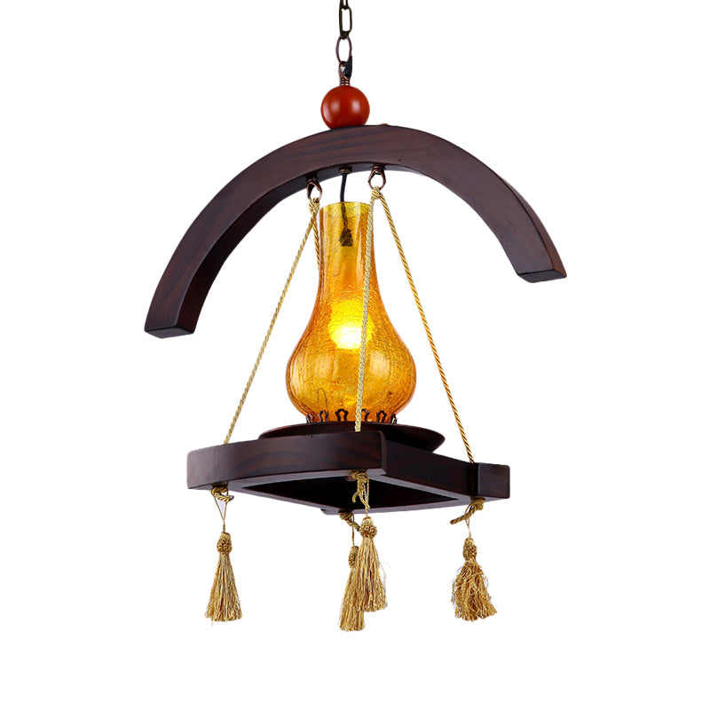 Yellow Crackle Glass Hanging Lamp with Wood Tray Design - Factory Kerosene Pendant