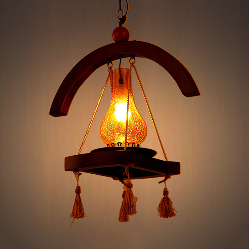 Yellow Crackle Glass Hanging Lamp with Wood Tray Design - Factory Kerosene Pendant