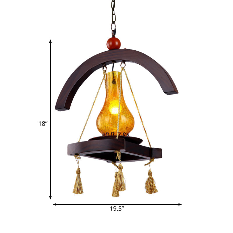 Yellow Crackle Glass Hanging Lamp with Wood Tray Design - Factory Kerosene Pendant