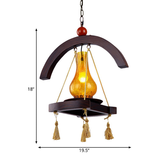 Yellow Crackle Glass Hanging Lamp with Wood Tray Design - Factory Kerosene Pendant