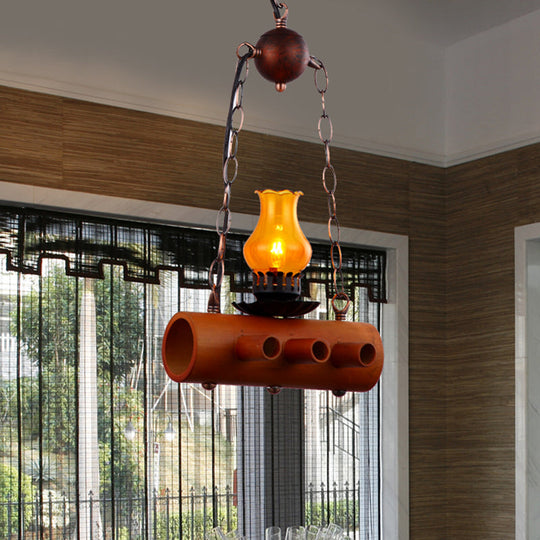 Yellow Glass Pendant Light with Bamboo Beam - Farm-inspired Dining Room Ceiling Lighting