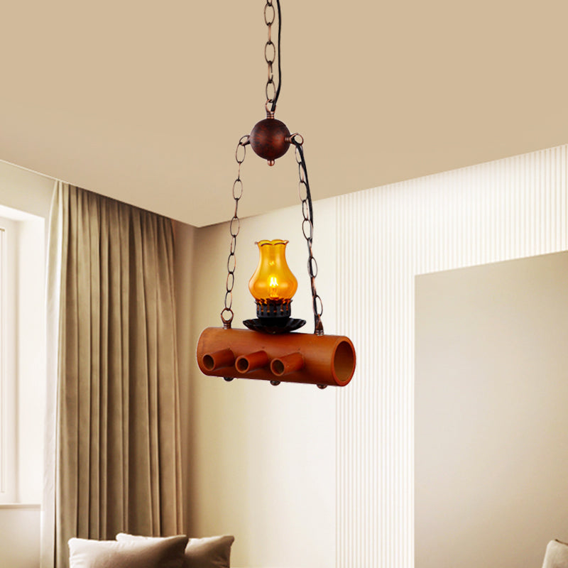 Yellow Glass Pendant Light with Bamboo Beam - Farm-inspired Dining Room Ceiling Lighting