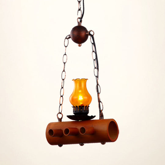 Yellow Glass Pendant Light with Bamboo Beam - Farm-inspired Dining Room Ceiling Lighting