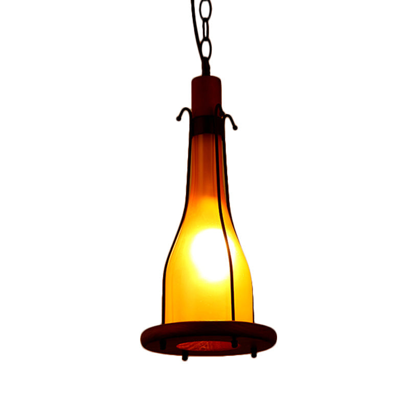 Rustic Brown Glass Bottle Pendant Light Kit - Single Head Ceiling With Wooden Tray Design