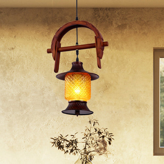 Copper Pendant Light with Yellow Grid Glass and Wood Frame