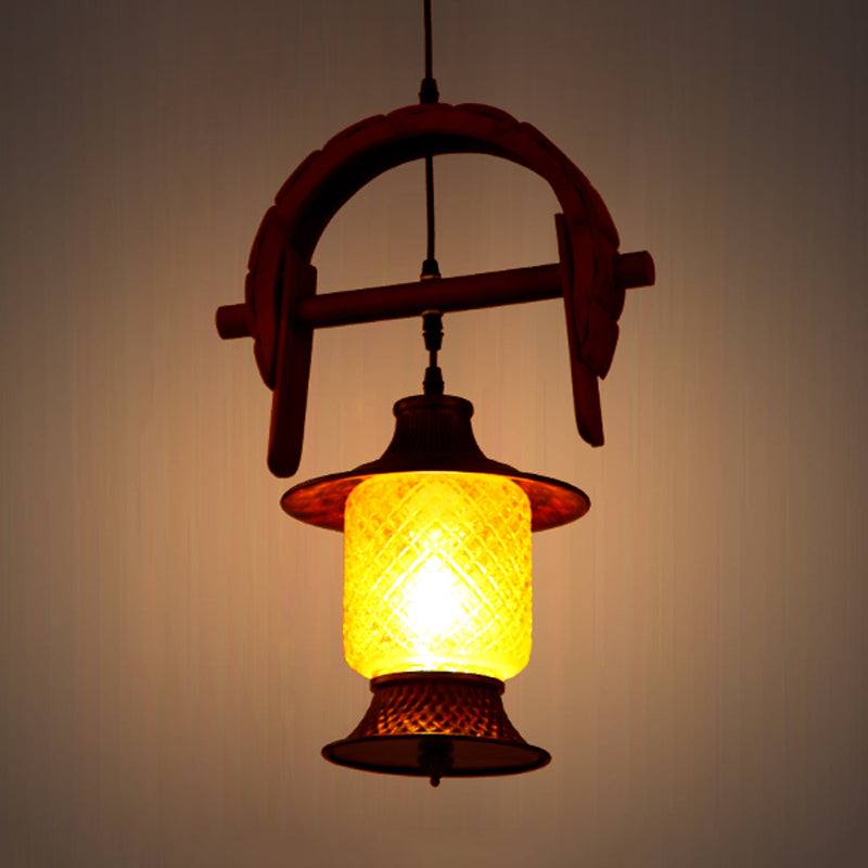 Copper Pendant Light with Yellow Grid Glass and Wood Frame