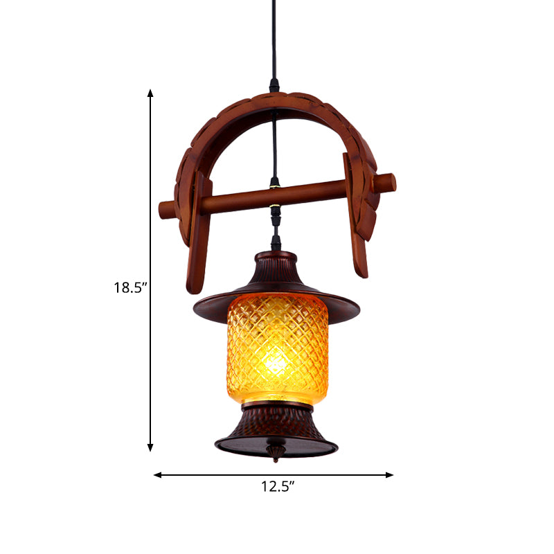 Copper Pendant Light with Yellow Grid Glass and Wood Frame