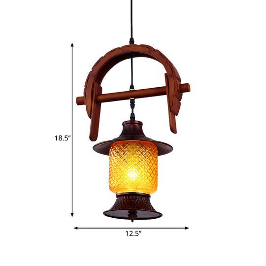 Copper Cylinder Hanging Lamp With Yellow Grid Glass Pendant Light