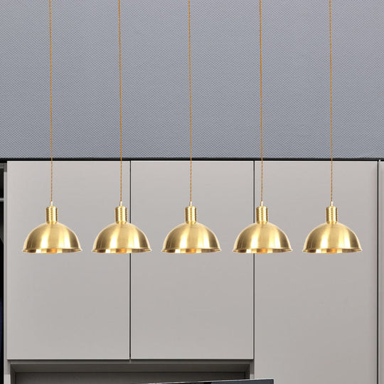 Industrial Restaurant Pendant Lamp With Gold Dome Metal Shade - 3/5/7-Light Tandem Multi Hanging