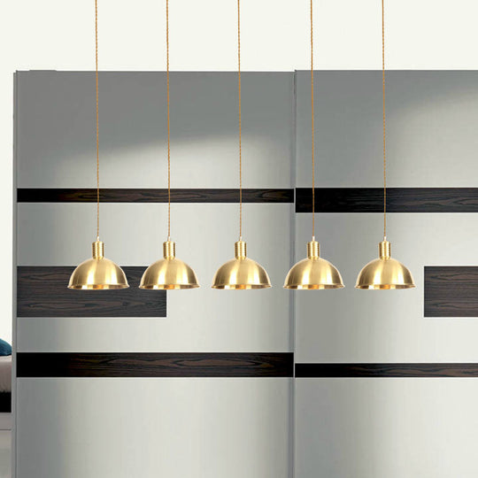 Industrial Restaurant Pendant Lamp With Gold Dome Metal Shade - 3/5/7-Light Tandem Multi Hanging