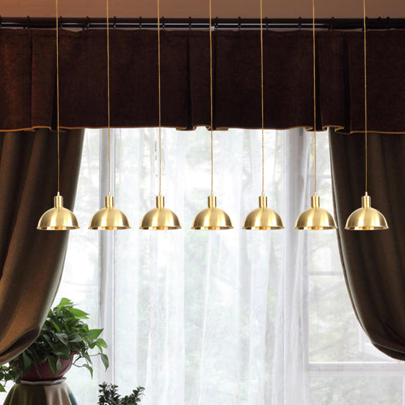 Industrial Restaurant Pendant Lamp With Gold Dome Metal Shade - 3/5/7-Light Tandem Multi Hanging