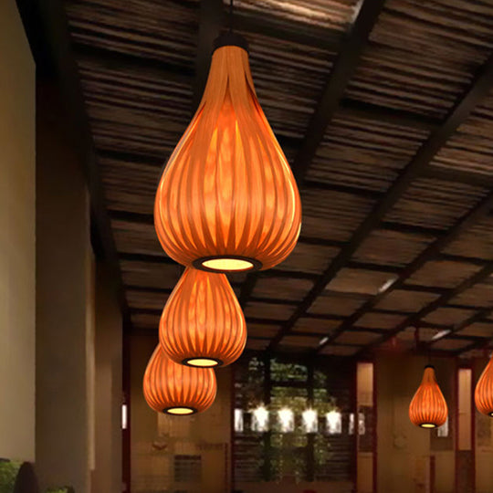 Asian Style Water Drop Pendant Light - Brown/White Wooden Single Head Hanging Lamp For Dining Table