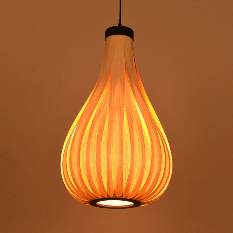 Asian Style Water Drop Pendant Light - Brown/White Wooden Single Head Hanging Lamp For Dining Table