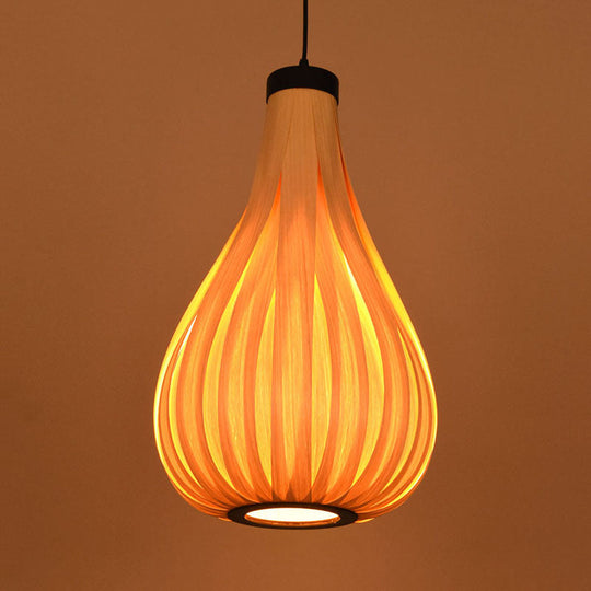 Asian Style Water Drop Pendant Light - Brown/White Wooden Single Head Hanging Lamp For Dining Table