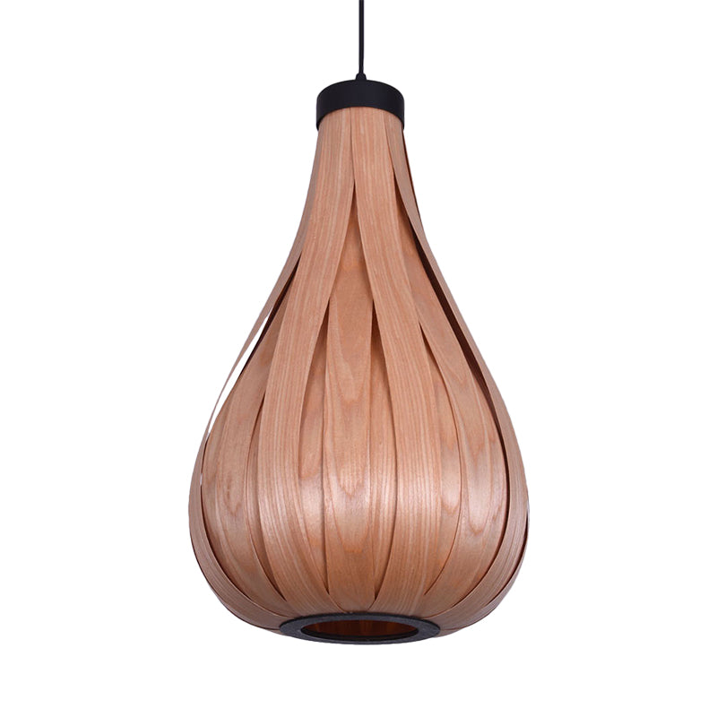 Asian Style Water Drop Pendant Light - Brown/White Wooden Single Head Hanging Lamp For Dining Table