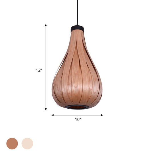 Asian Style Water Drop Pendant Light - Brown/White Wooden Single Head Hanging Lamp For Dining Table