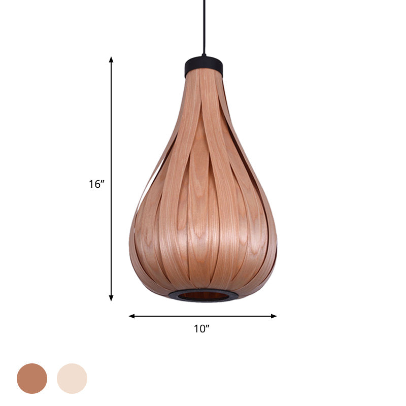 Asian Style Water Drop Pendant Light - Brown/White Wooden Single Head Hanging Lamp For Dining Table