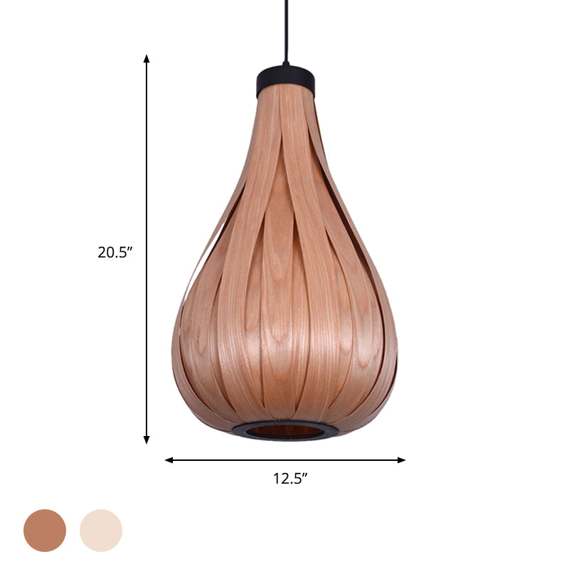 Asian Style Water Drop Pendant Light - Brown/White Wooden Single Head Hanging Lamp For Dining Table