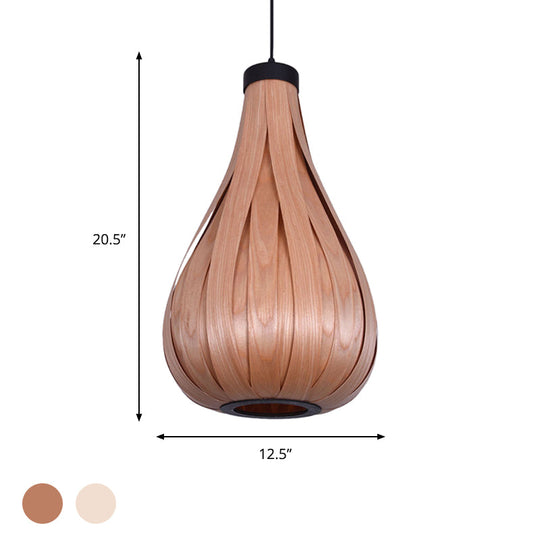 Asian Style Water Drop Pendant Light - Brown/White Wooden Single Head Hanging Lamp For Dining Table