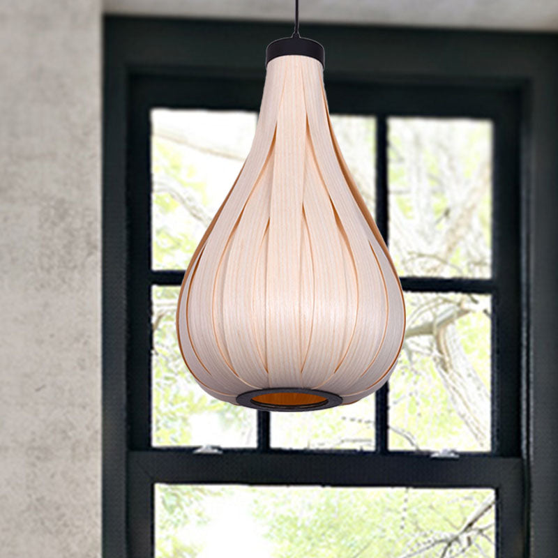 Asian Style Water Drop Pendant Light - Brown/White Wooden Single Head Hanging Lamp For Dining Table