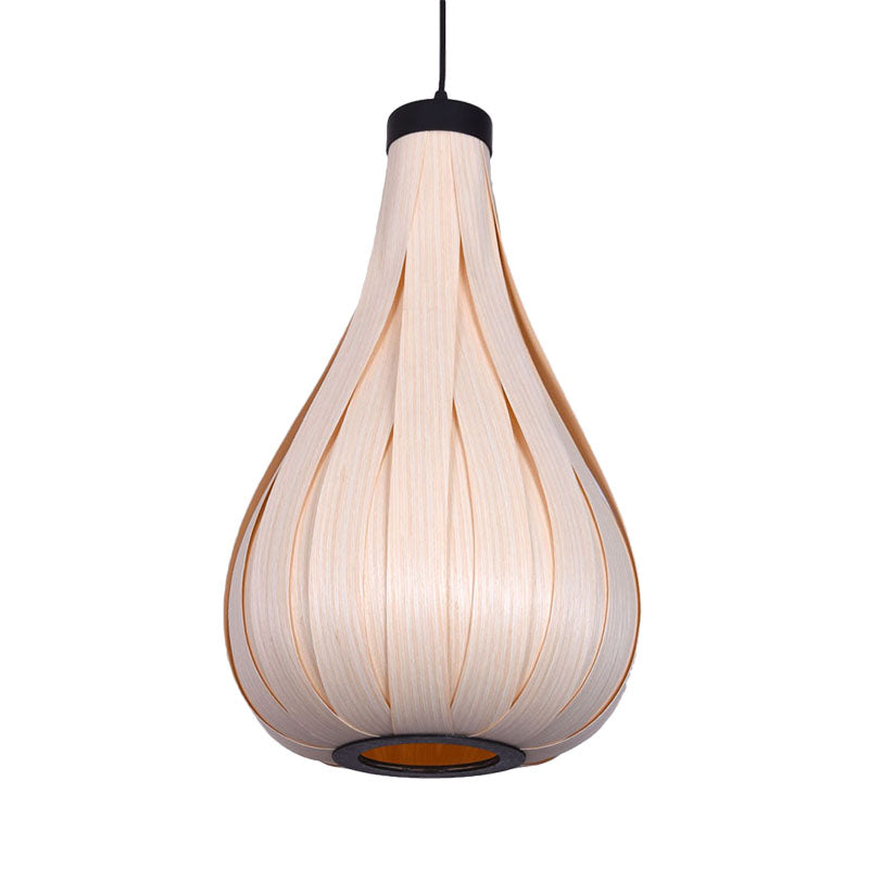 Asian Style Water Drop Pendant Light - Brown/White Wooden Single Head Hanging Lamp For Dining Table