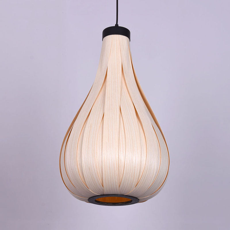 Asian Style Water Drop Pendant Light - Brown/White Wooden Single Head Hanging Lamp For Dining Table