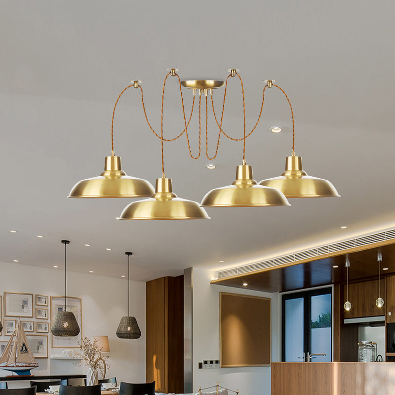 Gold Finish Industrial Metal Barn Pendant Light Fixture - 2/3/4 Bulbs, Swag Hanging Lamp Pendants