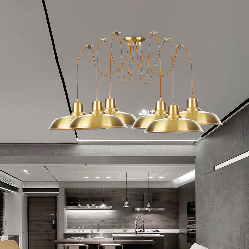 Gold Finish Industrial Metal Barn Pendant Light Fixture - 2/3/4 Bulbs, Swag Hanging Lamp Pendants