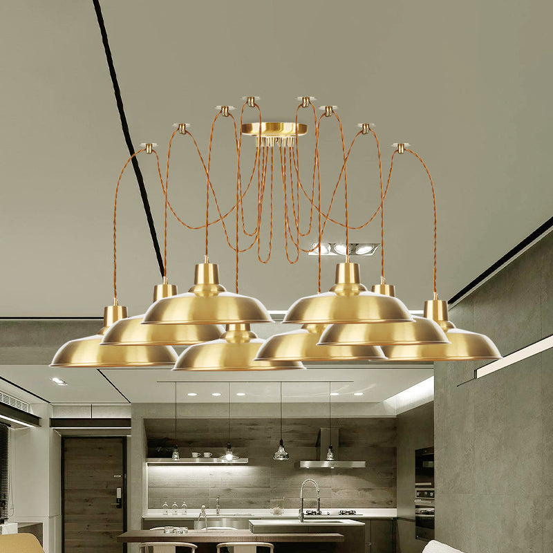 Gold Finish Industrial Metal Barn Pendant Light Fixture - 2/3/4 Bulbs, Swag Hanging Lamp Pendants