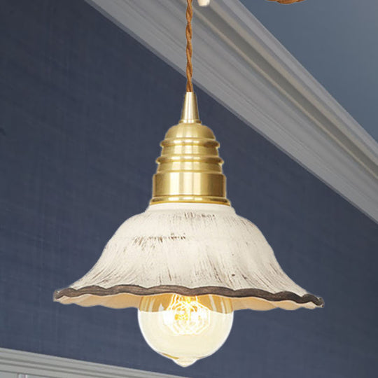 Gold Industrial-Style Scalloped Hanging Light Kit - 1 Head Ceramic Pendant Lamp Fixture