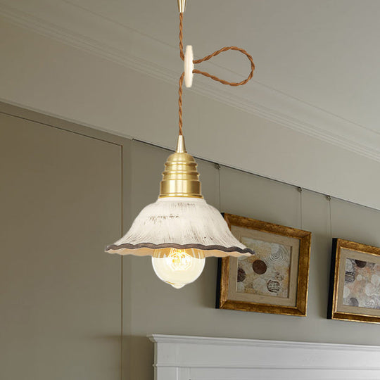 Gold Industrial-Style Scalloped Hanging Light Kit - 1 Head Ceramic Pendant Lamp Fixture