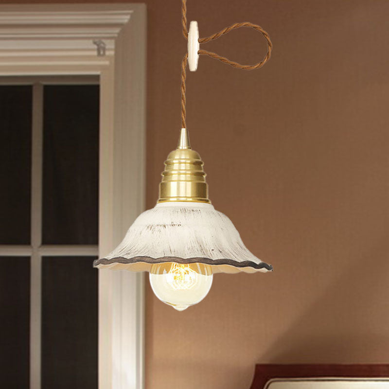 Gold Industrial-Style Scalloped Hanging Light Kit - 1 Head Ceramic Pendant Lamp Fixture