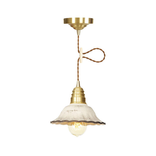 Gold Industrial-Style Scalloped Hanging Light Kit - 1 Head Ceramic Pendant Lamp Fixture