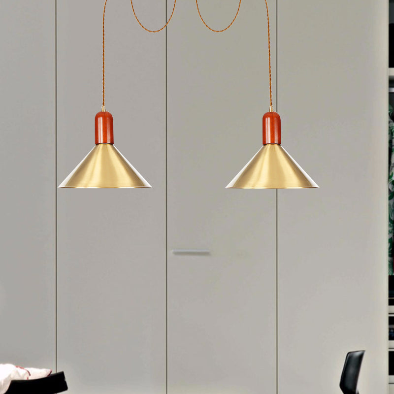 Cone Multi-Pendant Chandelier With Industrial-Style Gold Finish Swag Hanging Light Kit (2/4/3 Heads)