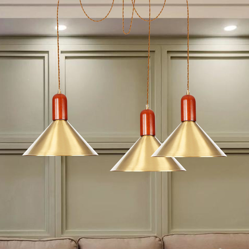 Cone Multi-Pendant Chandelier With Industrial-Style Gold Finish Swag Hanging Light Kit (2/4/3 Heads)