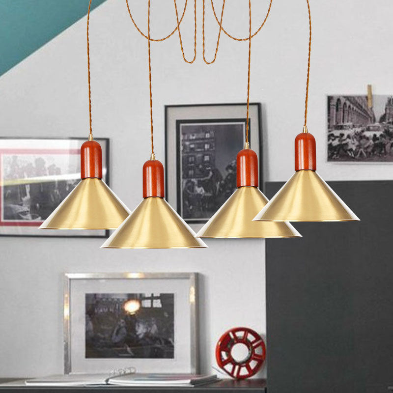 Industrial-Style Gold Finish Cone Pendant Chandelier with Multi-Head Design - Swag Hanging Light Kit (2/4/3 Heads)