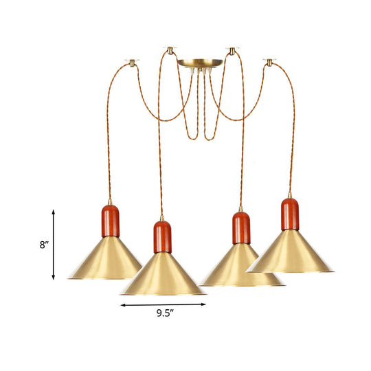 Cone Multi-Pendant Chandelier With Industrial-Style Gold Finish Swag Hanging Light Kit (2/4/3 Heads)