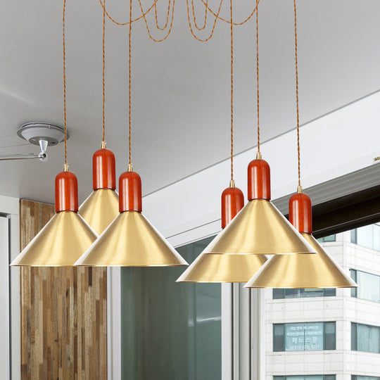 Industrial-Style Gold Finish Cone Pendant Chandelier with Multi-Head Design - Swag Hanging Light Kit (2/4/3 Heads)