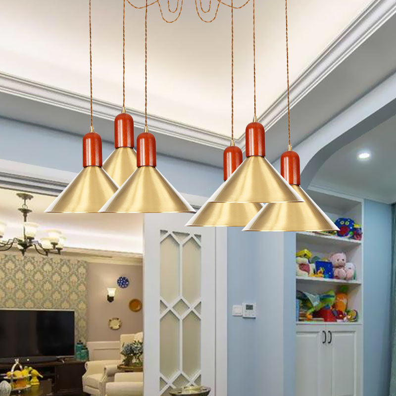 Industrial-Style Gold Finish Cone Pendant Chandelier with Multi-Head Design - Swag Hanging Light Kit (2/4/3 Heads)