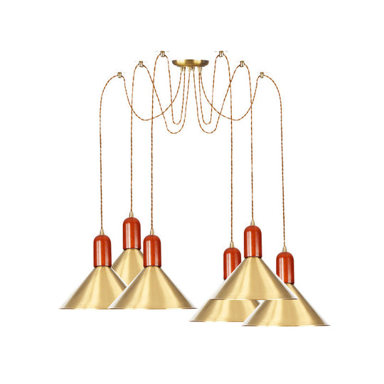 Cone Multi-Pendant Chandelier With Industrial-Style Gold Finish Swag Hanging Light Kit (2/4/3 Heads)