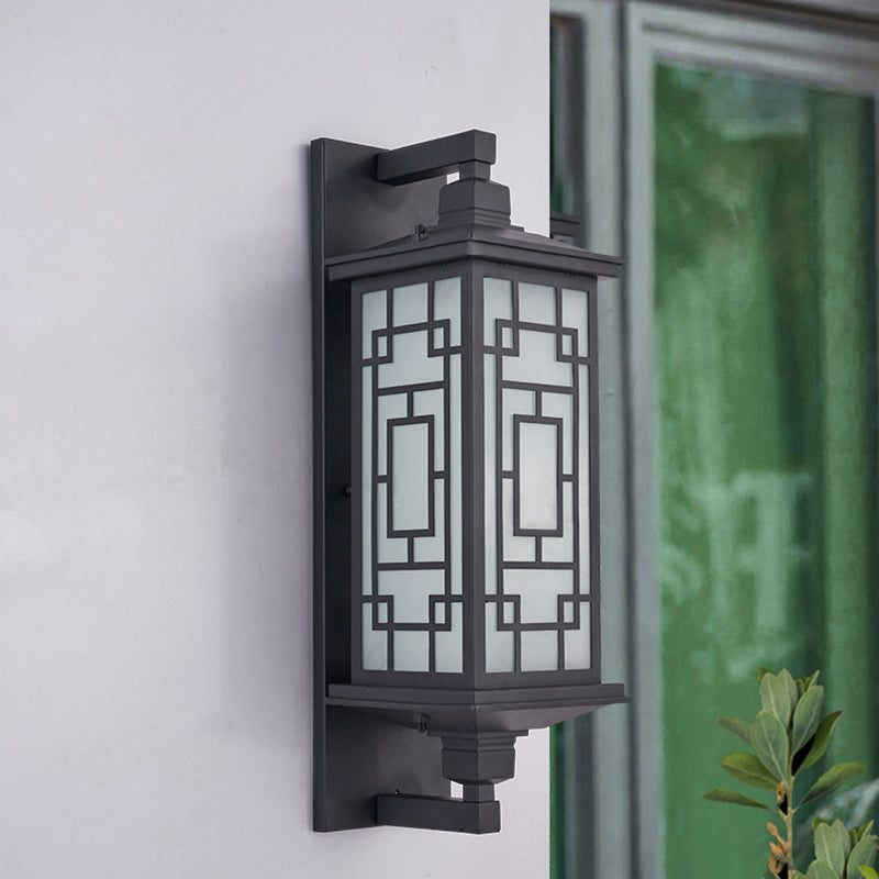 Country Style Black Wall Sconce With Opal Cuboid Glass Shade And Elegant Pattern