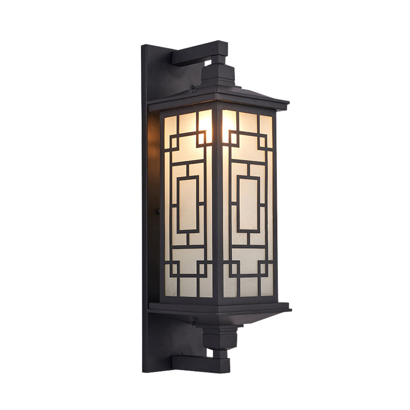 Country Style Black Wall Sconce With Opal Cuboid Glass Shade And Elegant Pattern